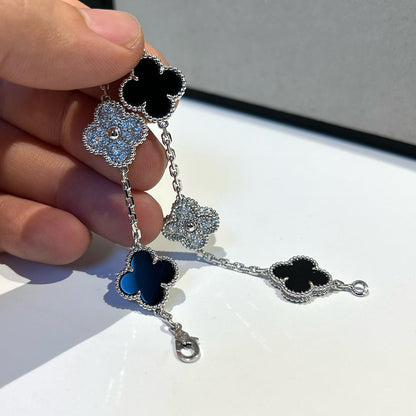 [Solara Jewelry]CLOVER 5 MOTIF ONYXS DIAMOND BRACELET SILVER