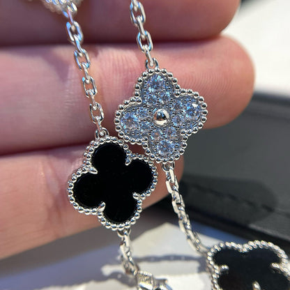 [Solara Jewelry]CLOVER 5 MOTIF ONYXS DIAMOND BRACELET SILVER