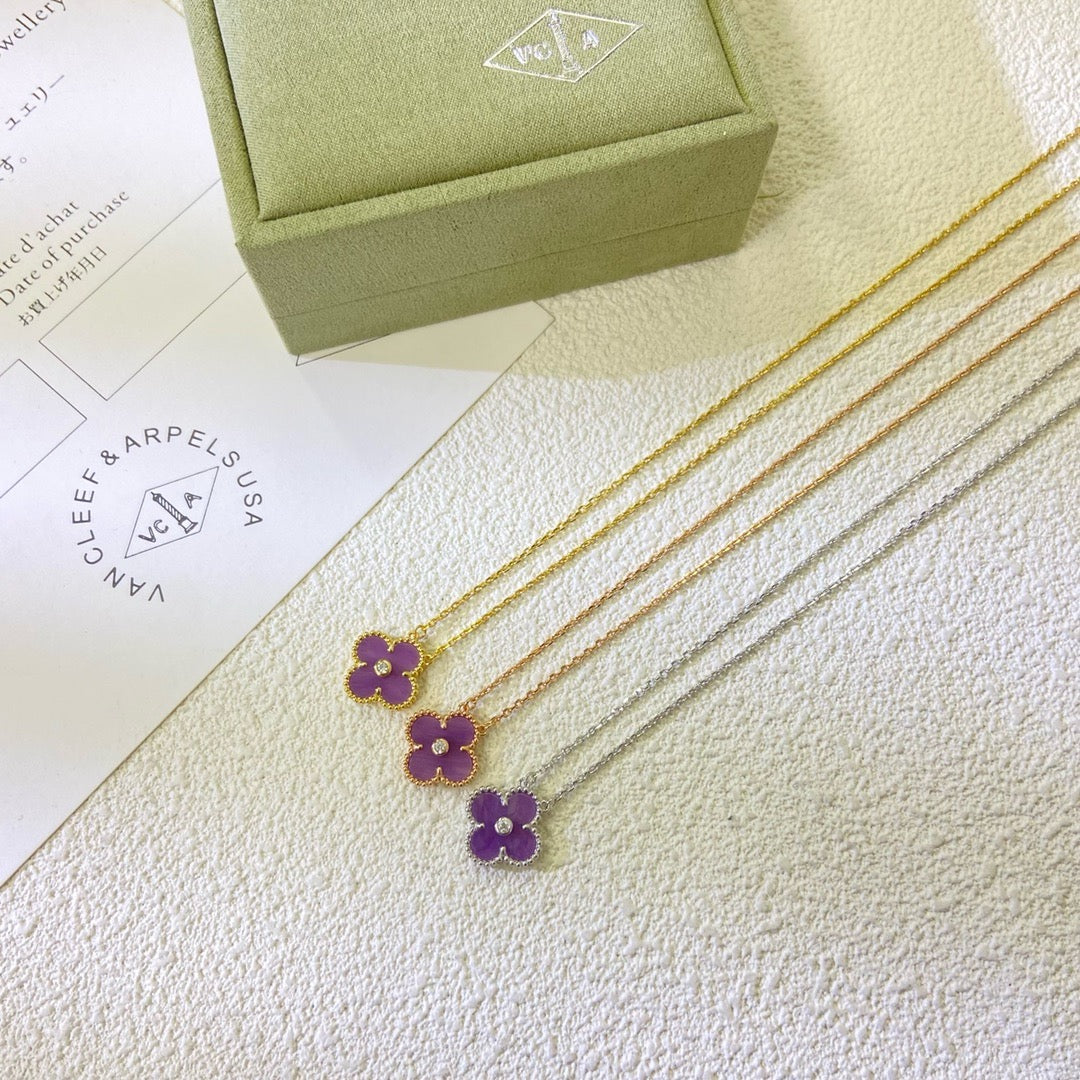 [Solara Jewelry]CLOVER 15MM DIAMOND  PURPLE VIOLET NECKLACE