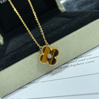 [Solara Jewelry]CLOVER 15MM DIAMANT- UND GELBER TIGERAUGE-ACHAT-Halskette