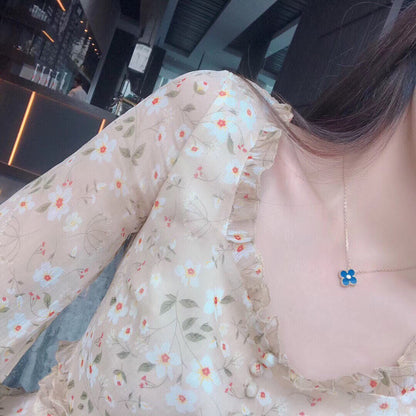 [Solara Jewelry]CLOVER 15MM DIAMOND AND BLUE AGATE NECKLACE
