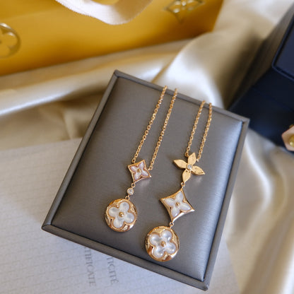 [Solara Jewelry]COLOR BLOSSOM LARIAT NECKLACE PINK GOLD WHITE MOTHER PEARL AND DIAMOND