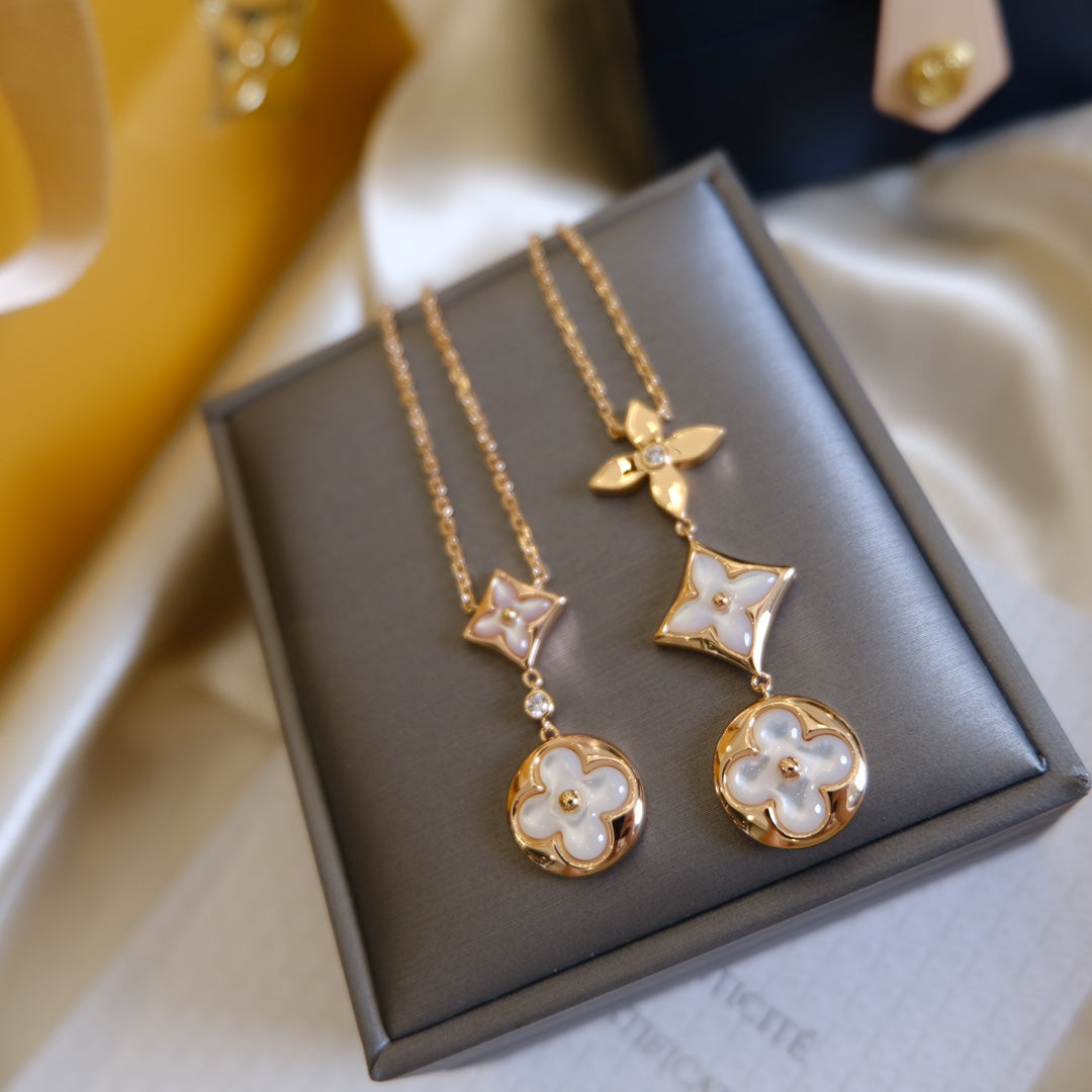 [Solara Jewelry]COLOR BLOSSOM LARIAT NECKLACE PINK GOLD WHITE MOTHER PEARL AND DIAMOND
