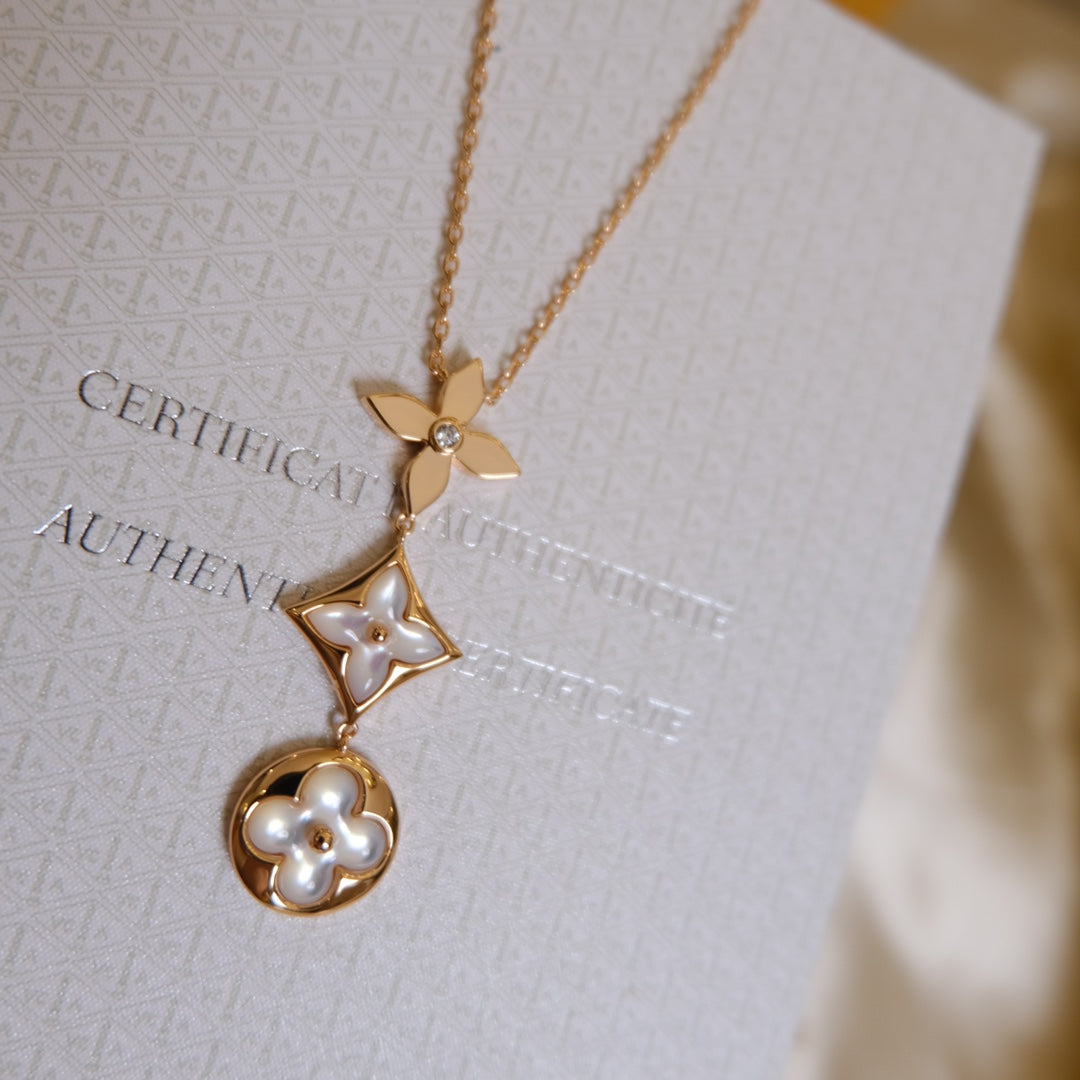 [Solara Jewelry]COLOR BLOSSOM LARIAT NECKLACE PINK GOLD WHITE MOTHER PEARL AND DIAMOND
