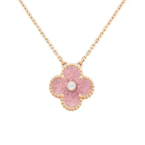 [Solara Jewelry]CLOVER 15MM DIAMOND RHODONITE NECKLACE