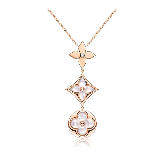 [Solara Jewelry]COLOR BLOSSOM LARIAT NECKLACE PINK GOLD WHITE MOTHER PEARL AND DIAMOND