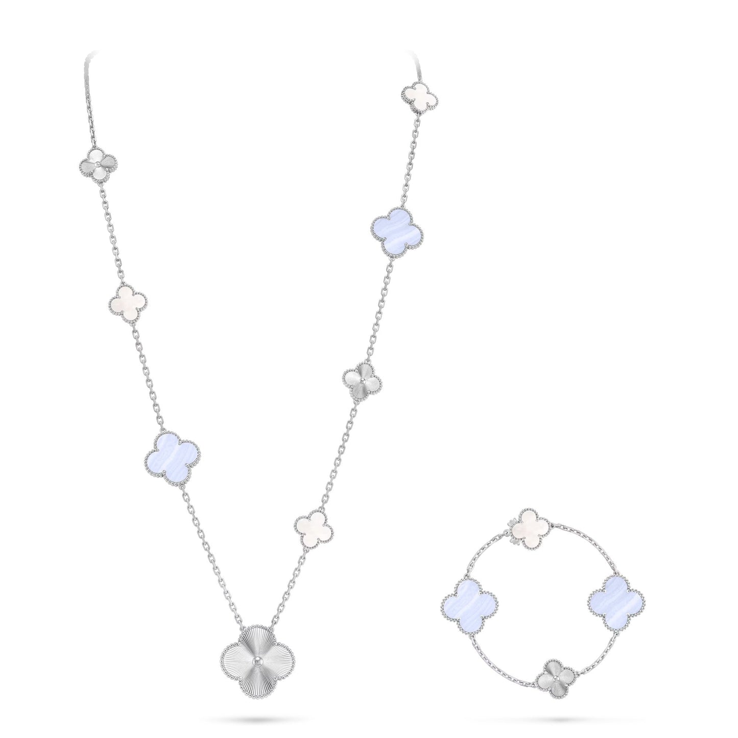 [Solara Jewelry]DETACHABLE CLOVER 15(11+4) FLOWER SILVER NECKLACE SET