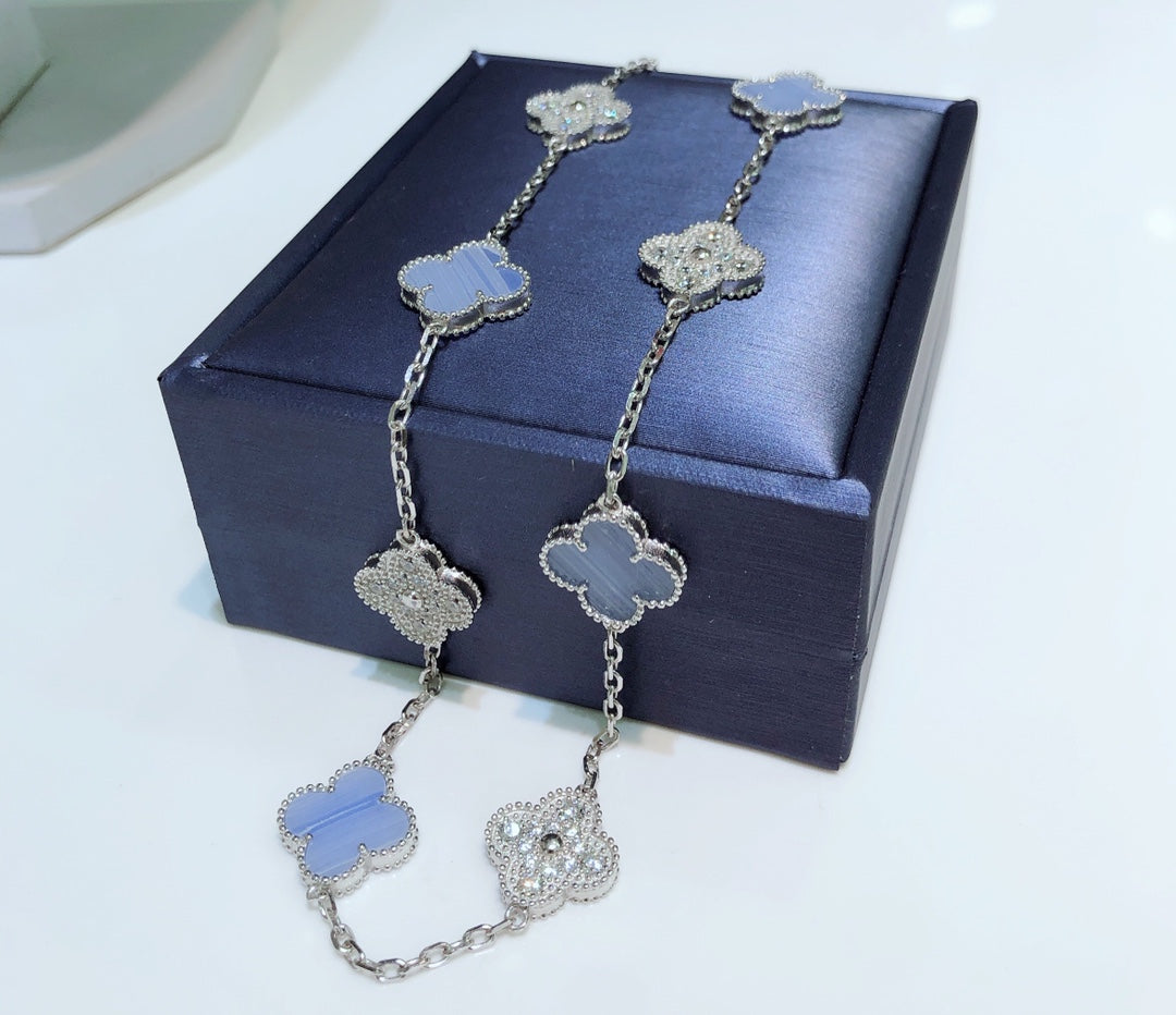 [Solara Jewelry]CLOVERS THE 10-MOTIFS CHALCEDONY DIAMONDS SILVER NECKLACE