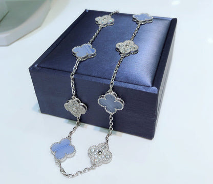 [Solara Jewelry]CLOVERS THE 10-MOTIFS CHALCEDONY DIAMONDS SILVER NECKLACE