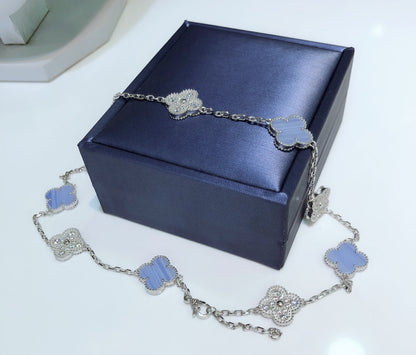 [Solara Jewelry]CLOVERS THE 10-MOTIFS CHALCEDONY DIAMONDS SILVER NECKLACE