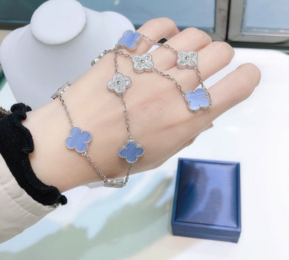 [Solara Jewelry]CLOVERS THE 10-MOTIFS CHALCEDONY DIAMONDS SILVER NECKLACE
