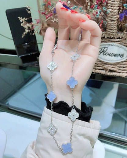 [Solara Jewelry]CLOVER 10 MOTIFS CHALCEDONY DIAMONDS SILVER NECKLACE