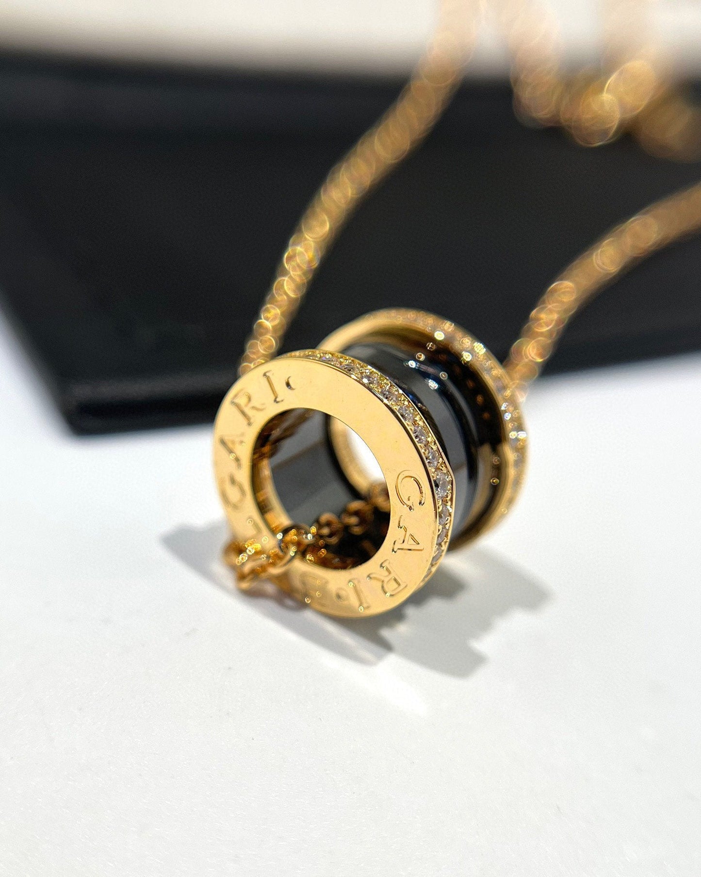 [Solara Jewelry]ZERO 1 BLACK CERAMIC DIAMOND PINK GOLD NECKLACE